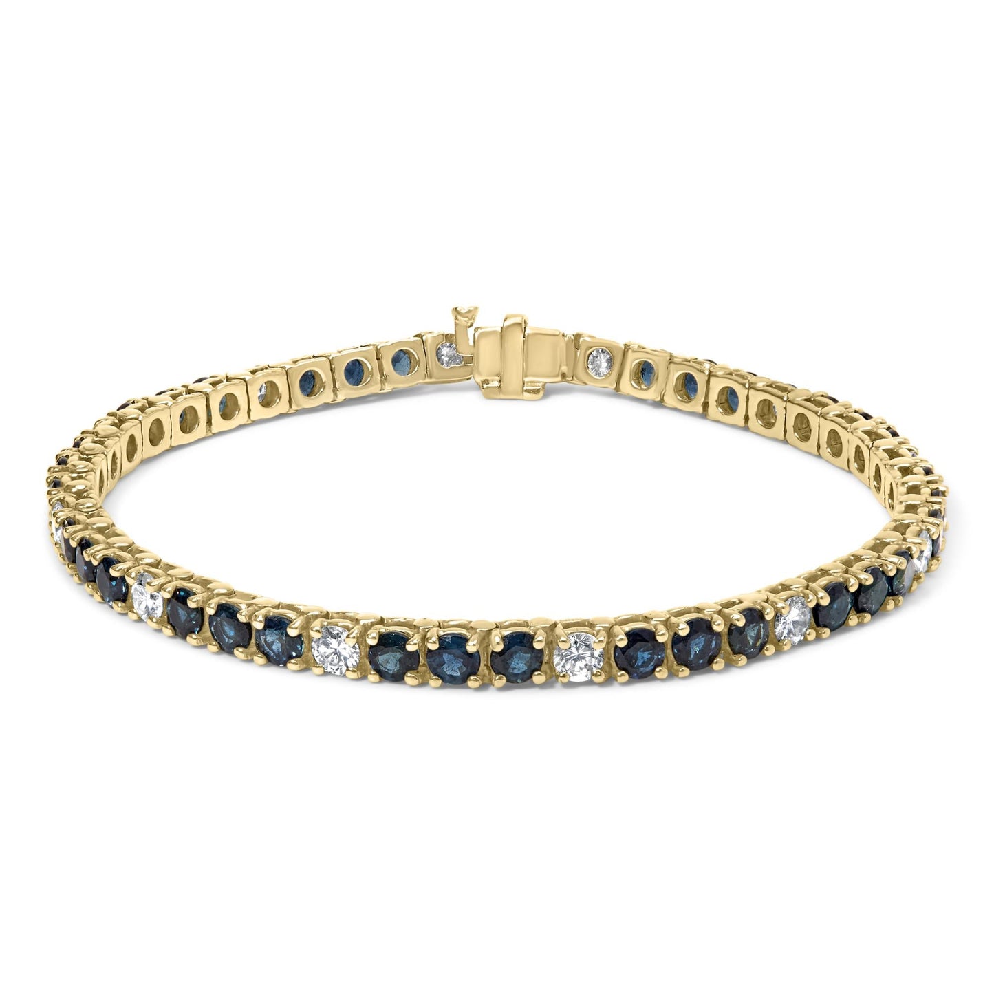 18K Yellow Gold Alternating 1 1/5 Cttw Diamond  Blue Sapphire Tennis Bracelet 7