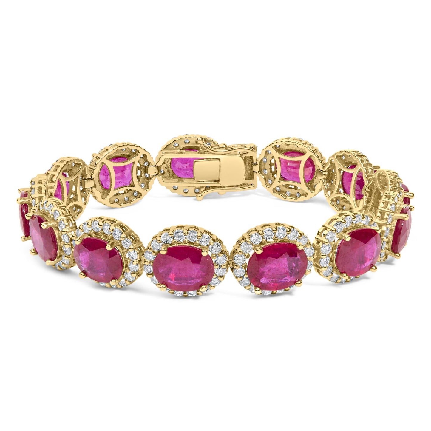 14K Yellow Gold 6 2/5 Cttw Diamond and 34.0 Cttw Oval Red Ruby Bracelet