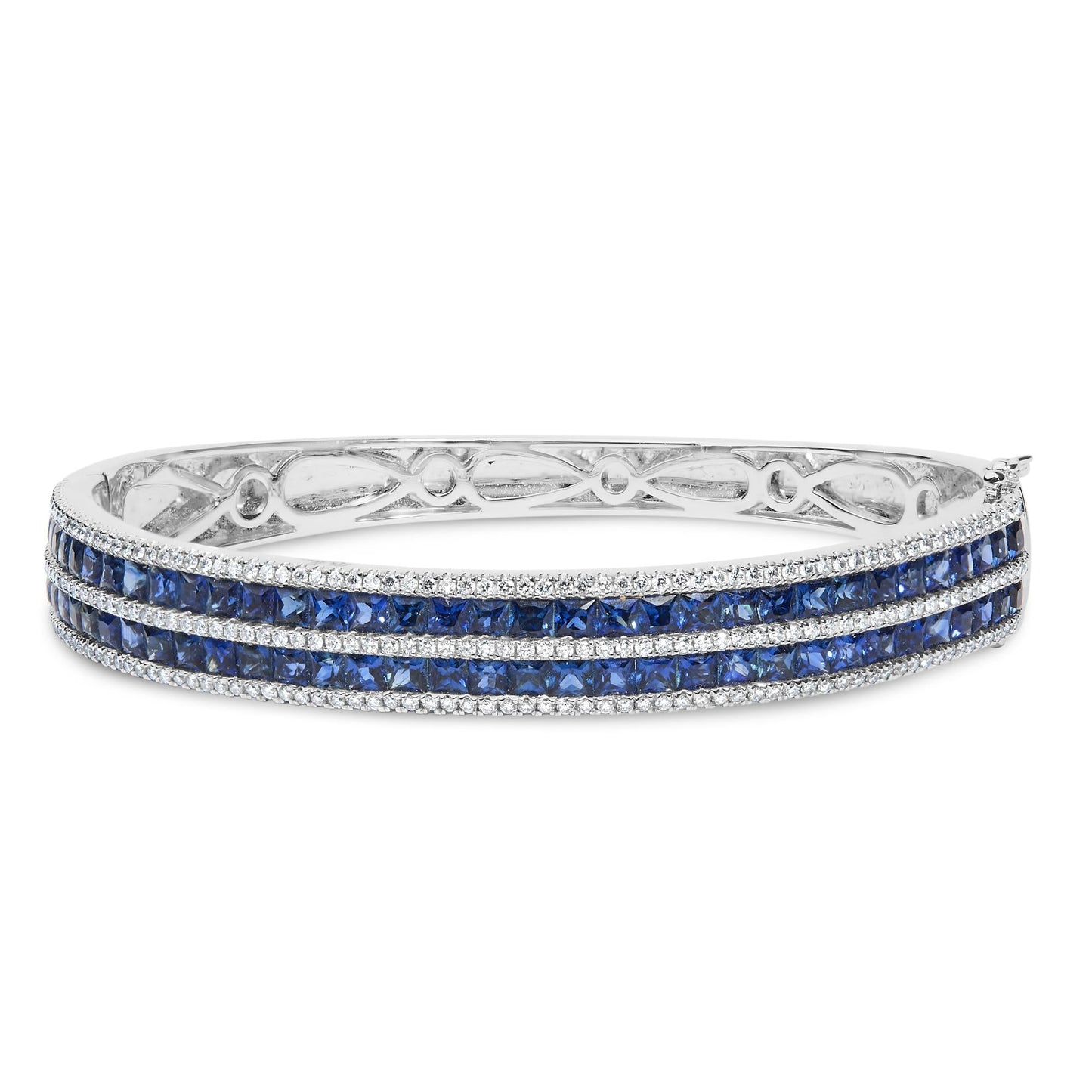 18K White Gold  Diamond and 8.00 Cttw Princess Sapphire Bangle Bracelet