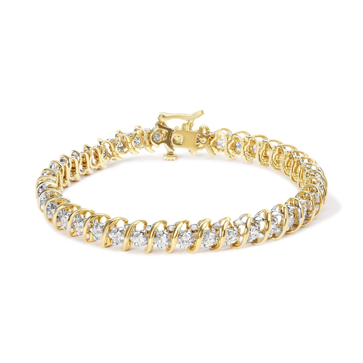 18K Yellow Gold 4.0 Cttw Round-Cut Diamond S-Link 7" Inch Tennis Bracelet