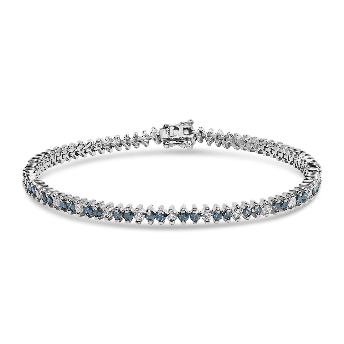 14K White Gold Round-Cut White and Blue Diamond Fashion Bracelet