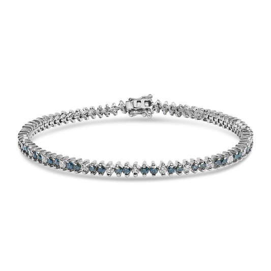 14K White Gold Round-Cut White and Blue Diamond Fashion Bracelet