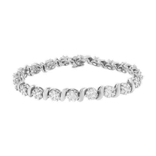 14K White Gold 5 1/4 Cttw Diamond S-Link Floral Cluster Tennis Bracelet Size 7"