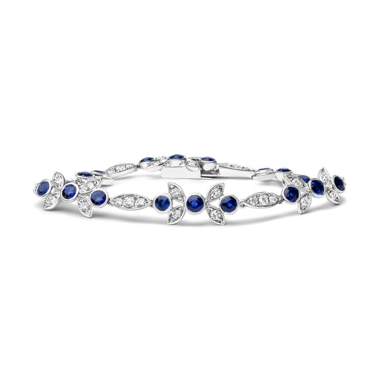 18K White Gold 1 3/4 Cttw Diamond Round Blue Sapphire Gemstone  Bracelet