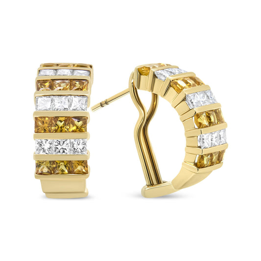 18KYellow Gold 1 3/4 Cttw Princess Diamond Yellow Sapphire Huggie Hoop Earrings