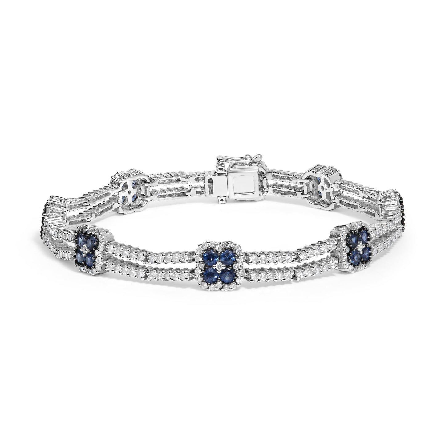 18K White Gold 2 3/4 Cttw Diamond 3x3MM Sapphire Double Row Bracelet 7"Inches