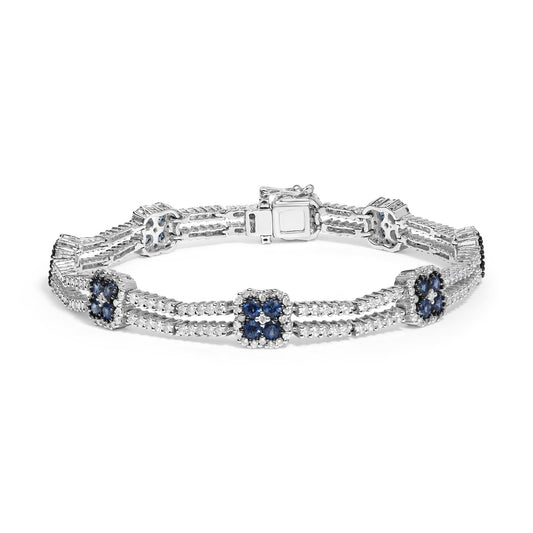 18K White Gold 2 3/4 Cttw Diamond 3x3MM Sapphire Double Row Bracelet 7"Inches
