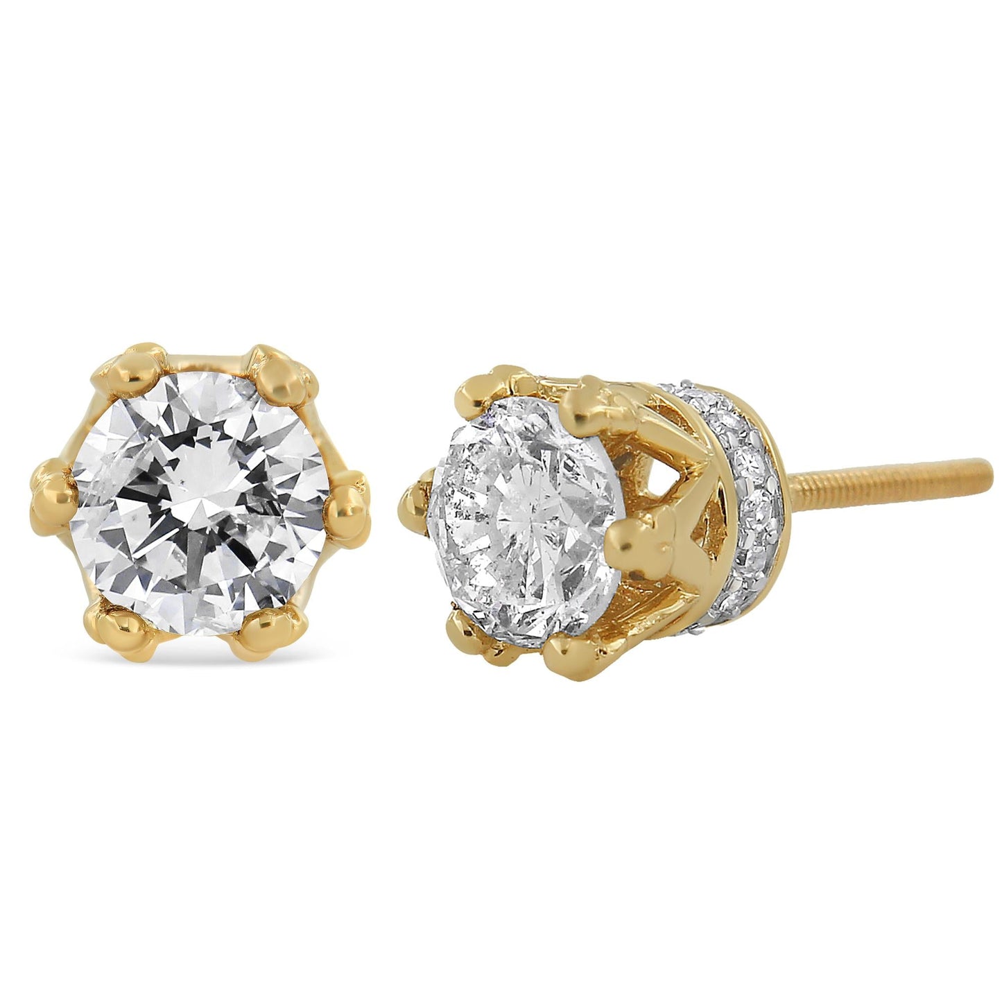 14K Yellow Gold 2.0 Cttw Round Diamond Crown Stud Earrings
