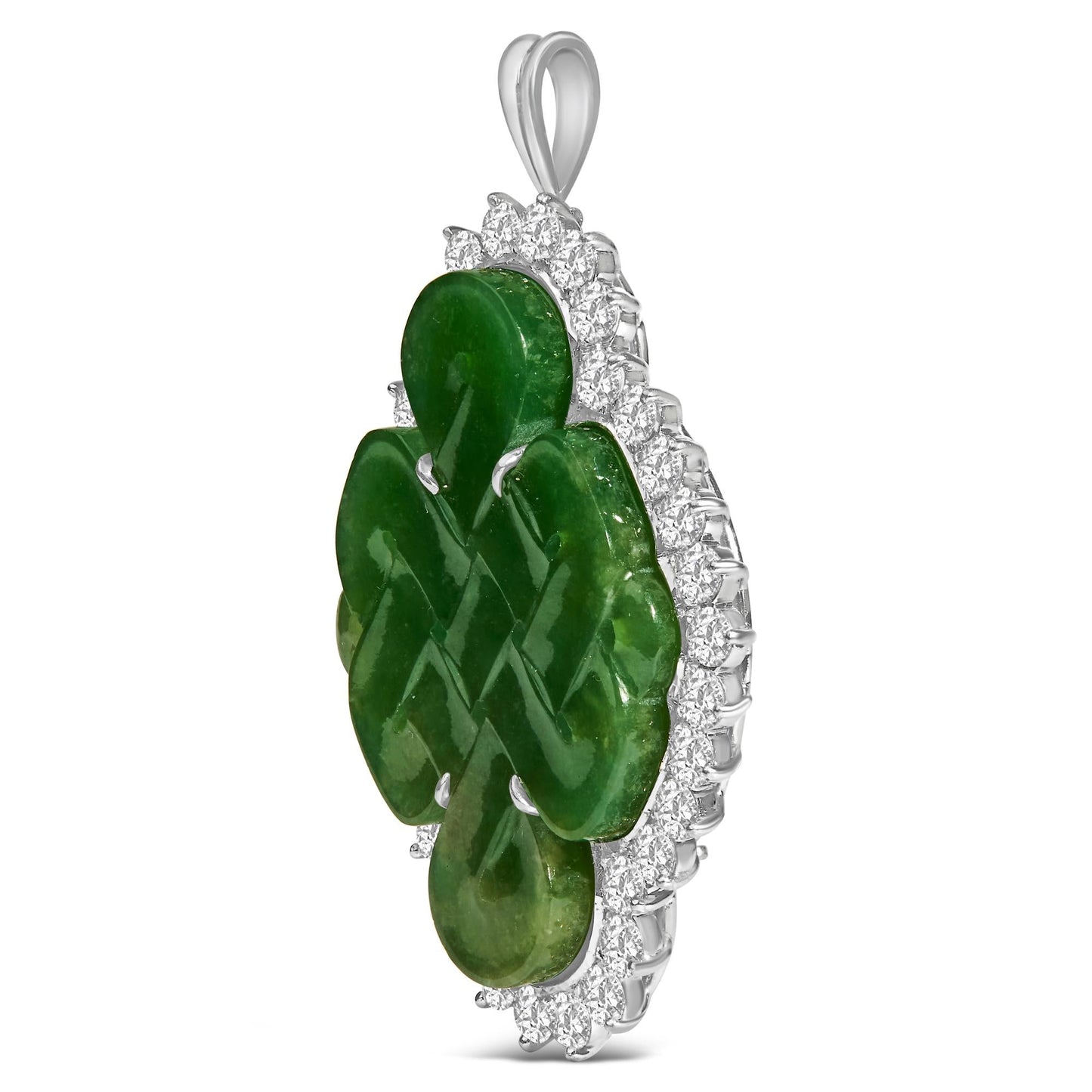 18K White Gold 2.00 Cttw Diamond Halo and Jade Shield Brooch Pin and Pendant
