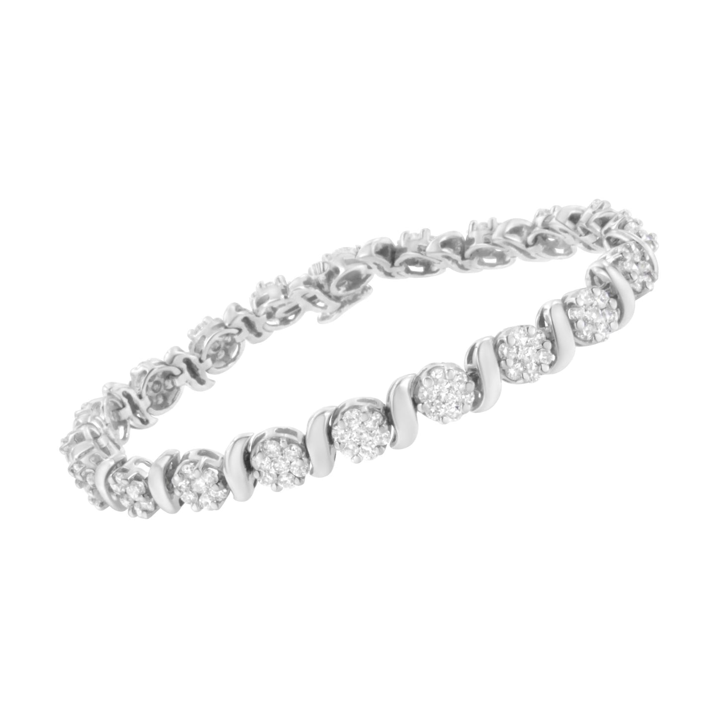 14K White Gold 5 1/4 Cttw Diamond S-Link Floral Cluster Tennis Bracelet Size 7"