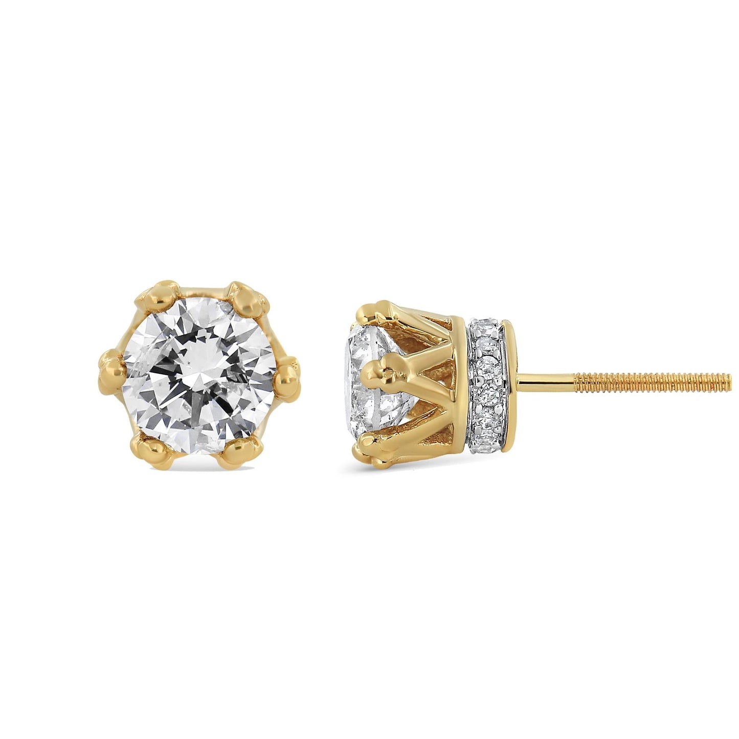 14K Yellow Gold 2.0 Cttw Round Diamond Crown Stud Earrings