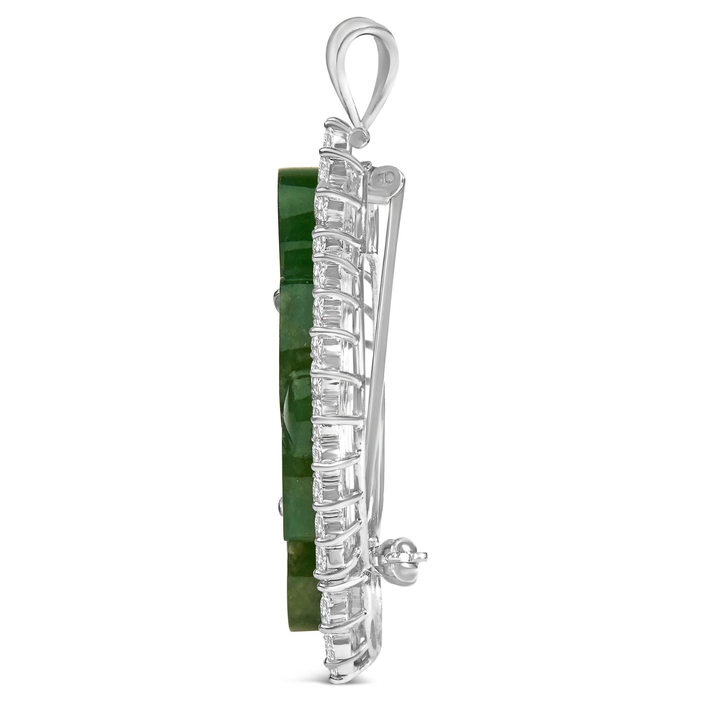 18K White Gold 2.00 Cttw Diamond Halo and Jade Shield Brooch Pin and Pendant