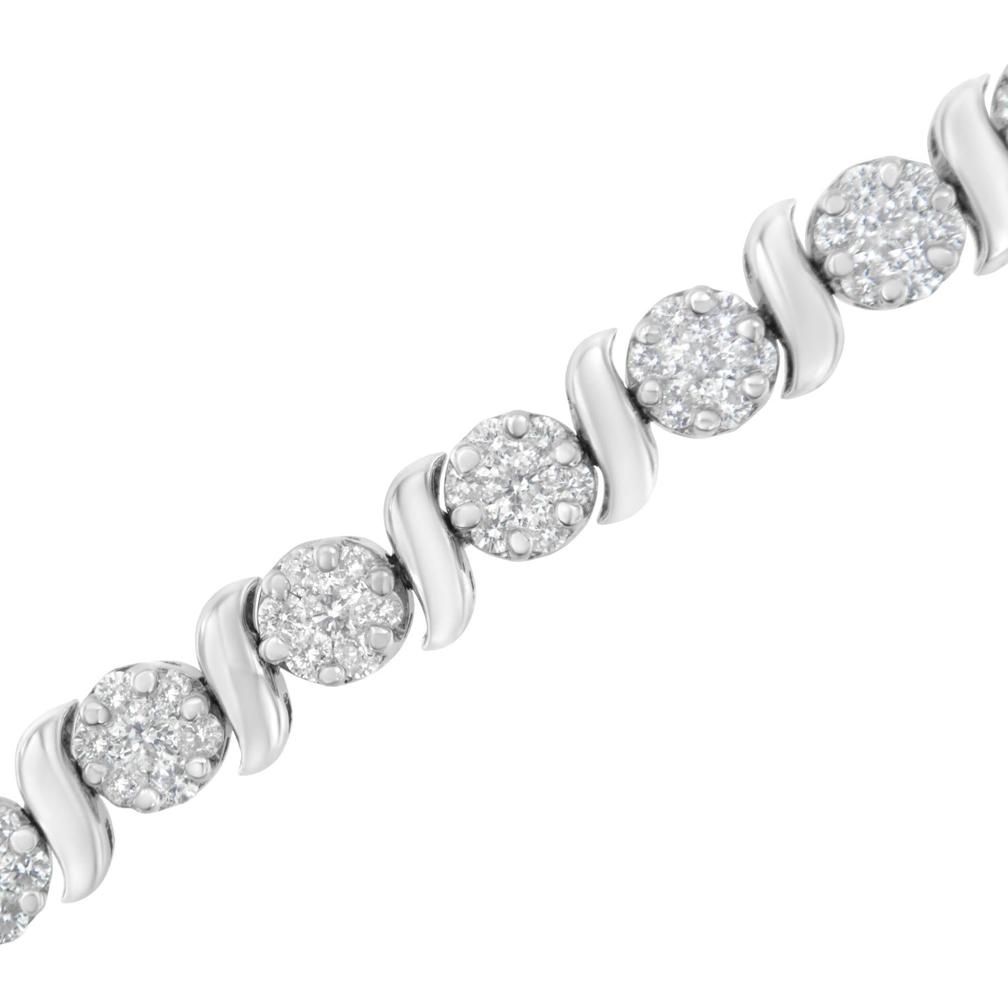 14K White Gold 5 1/4 Cttw Diamond S-Link Floral Cluster Tennis Bracelet Size 7"