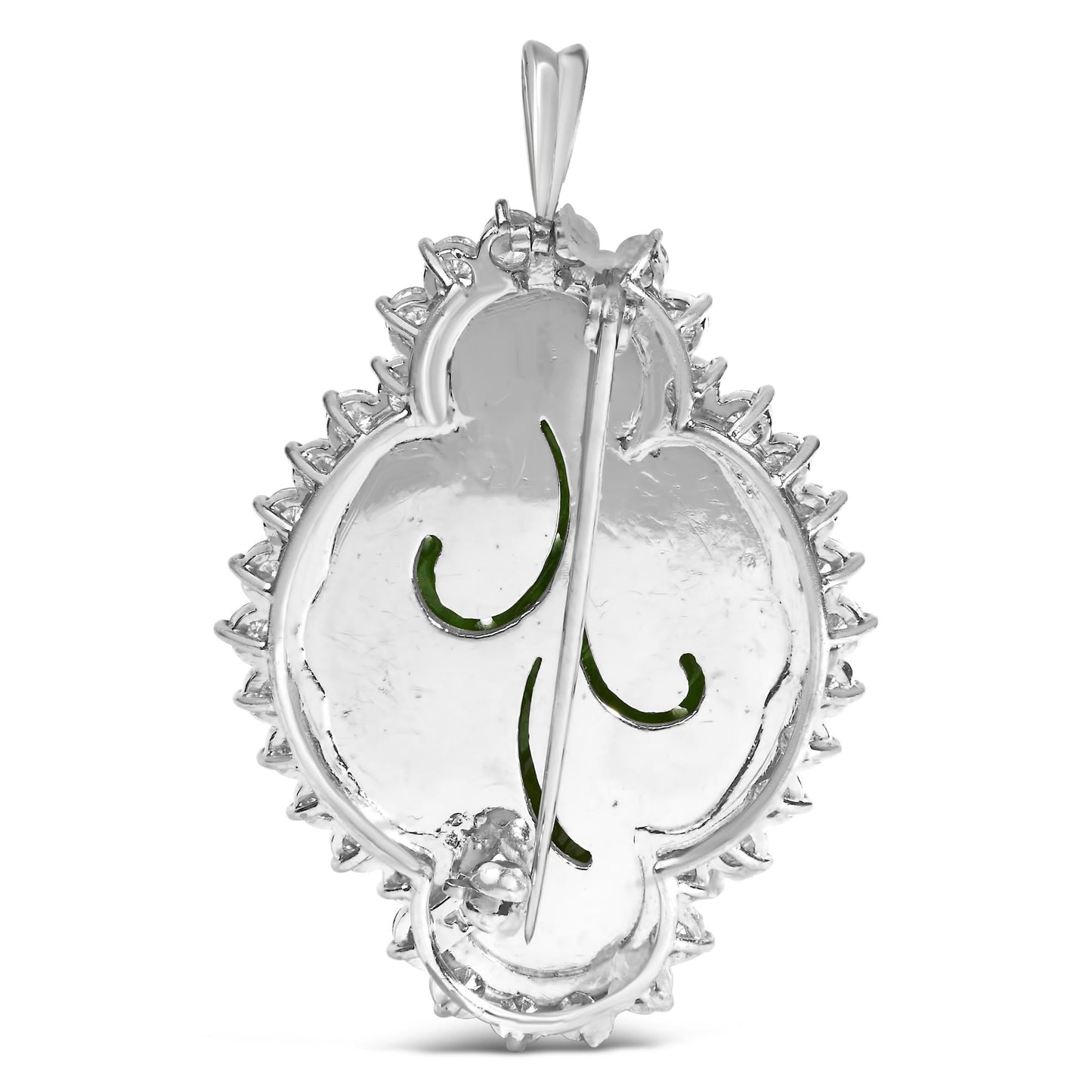 18K White Gold 2.00 Cttw Diamond Halo and Jade Shield Brooch Pin and Pendant