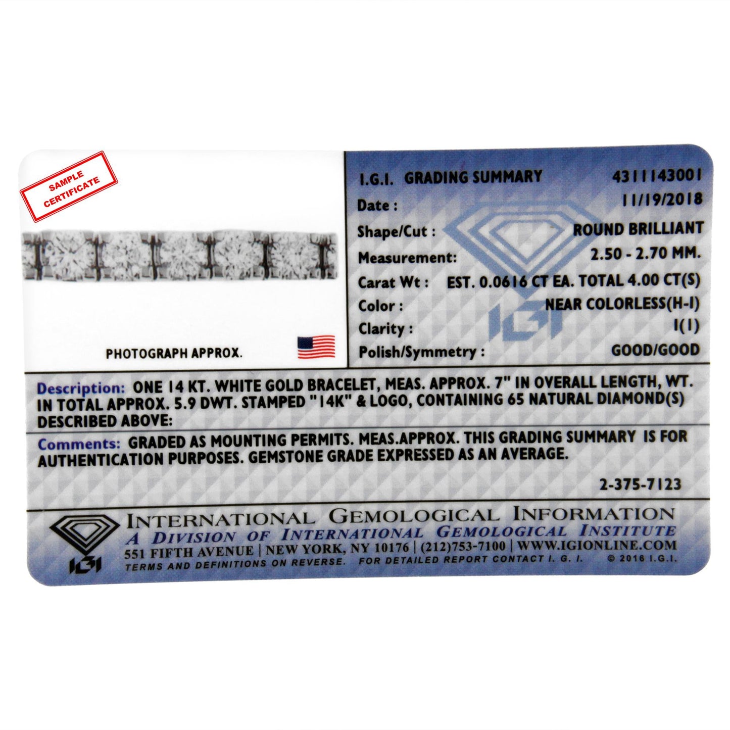 IGI Certified Diamond 14K White Gold Classic 7” Tennis Bracelet