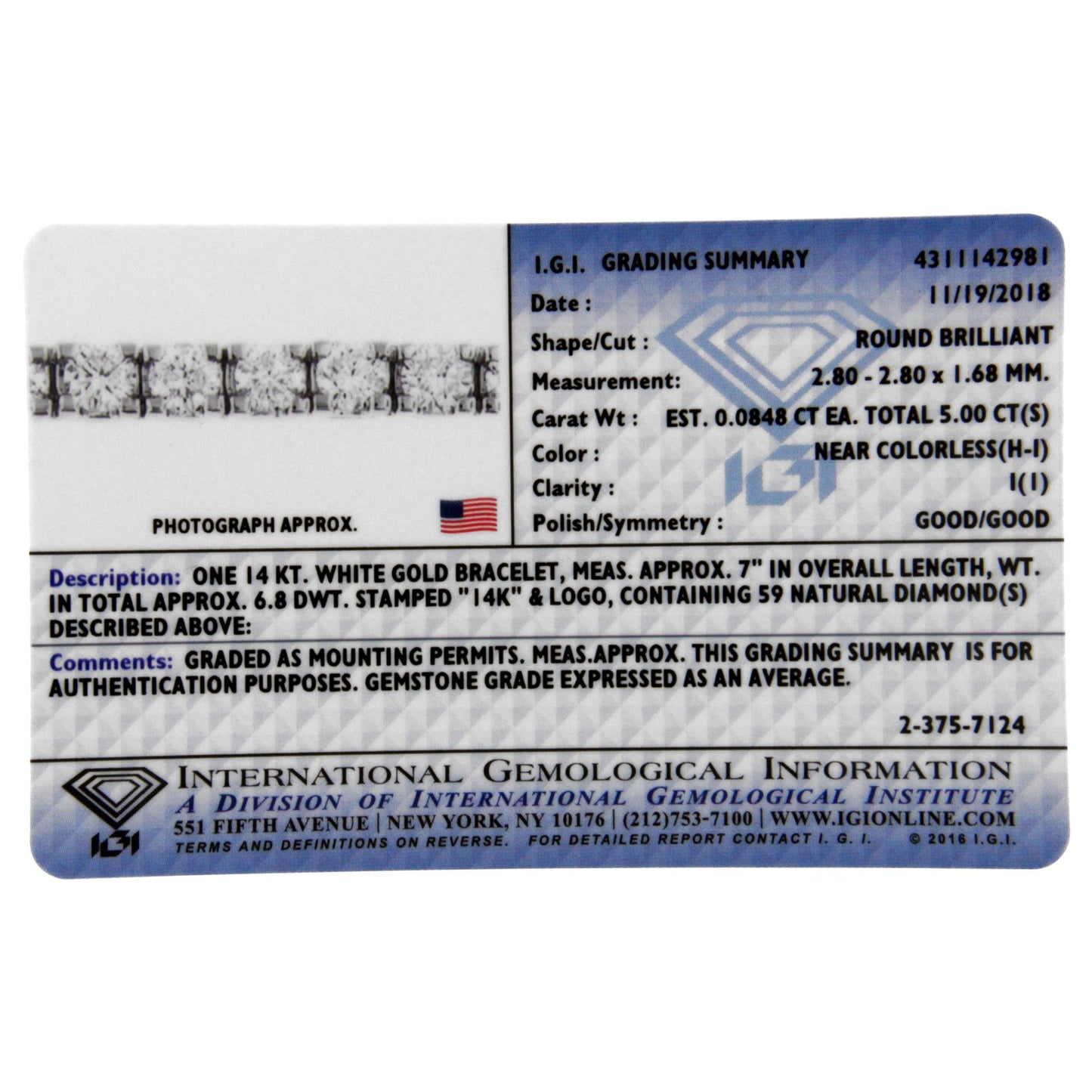 IGI Certified Diamond 14K White Gold Classic 7” Tennis Bracelet