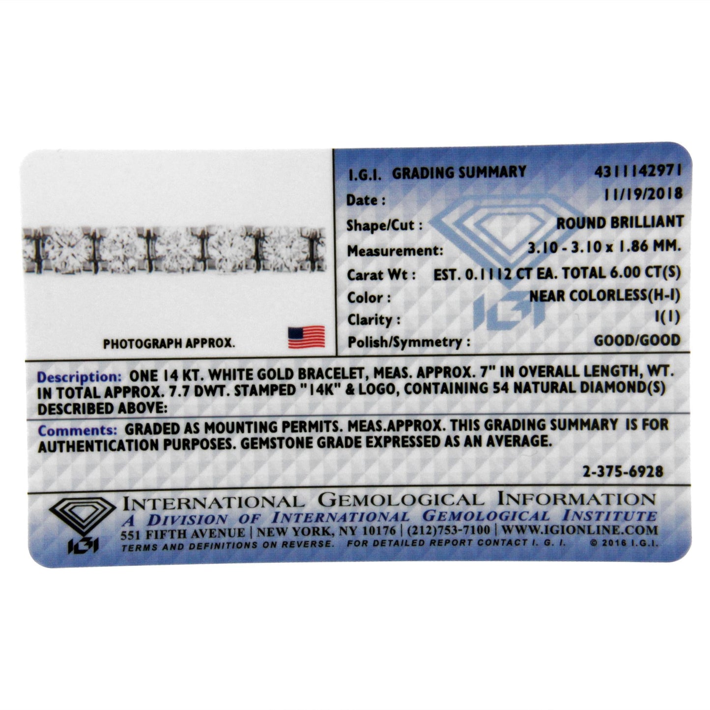 IGI Certified Diamond 14K White Gold Classic 7” Tennis Bracelet