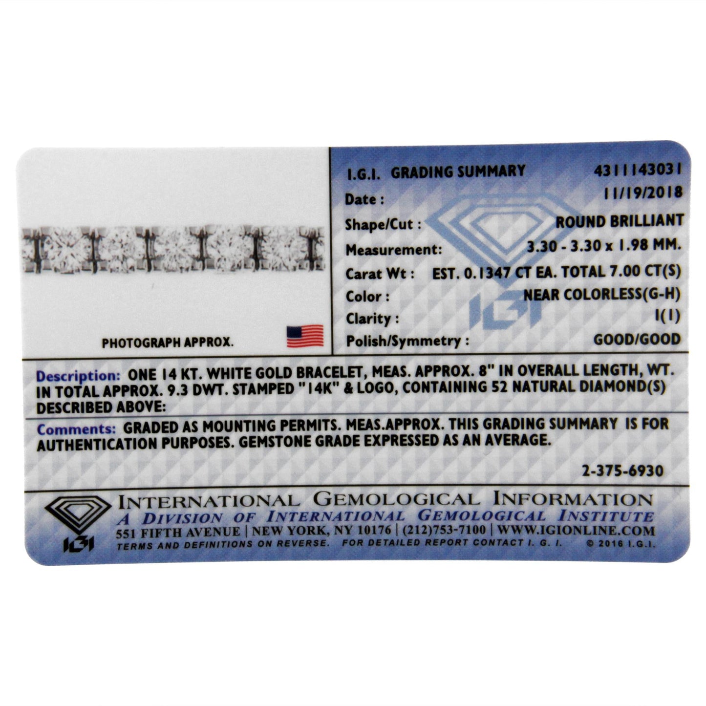 IGI Certified Diamond 14K White Gold Classic 7” Tennis Bracelet