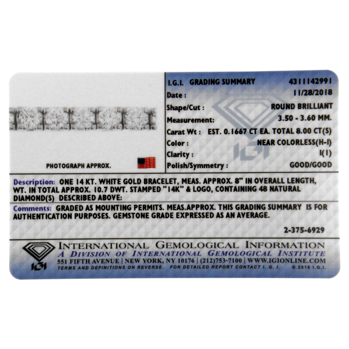 IGI Certified Diamond 14K White Gold Classic 7” Tennis Bracelet