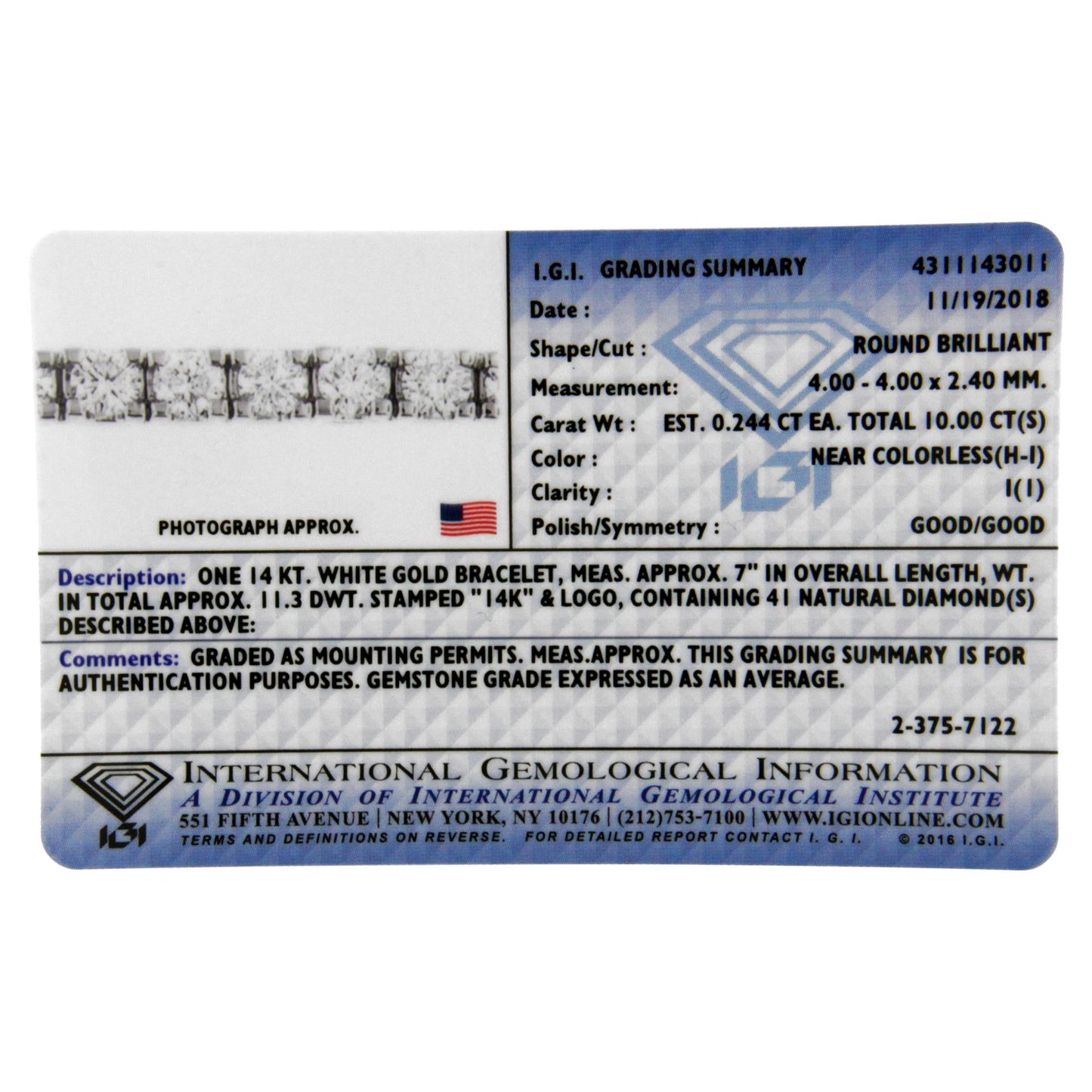 IGI Certified Diamond 14K White Gold Classic 7” Tennis Bracelet