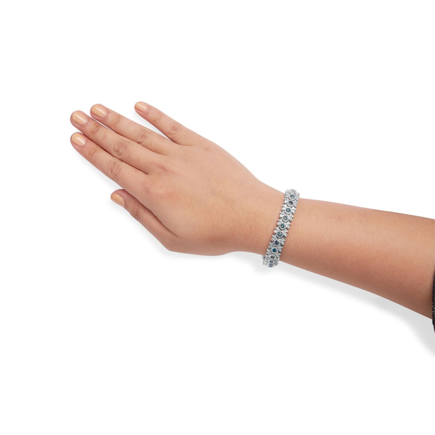 14K White Gold 10.0 Cttw Blue and White Diamond Floral Cluster Link 7" Bracelet