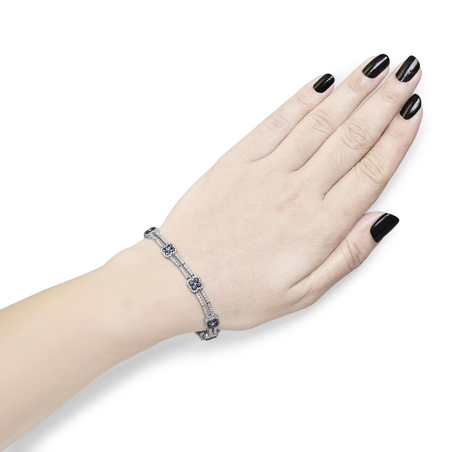 18K White Gold 2 3/4 Cttw Diamond 3x3MM Sapphire Double Row Bracelet 7"Inches